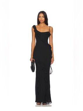 Black Ruffle Asymmetric Strap Maxi Dress.  Worn  one time. small